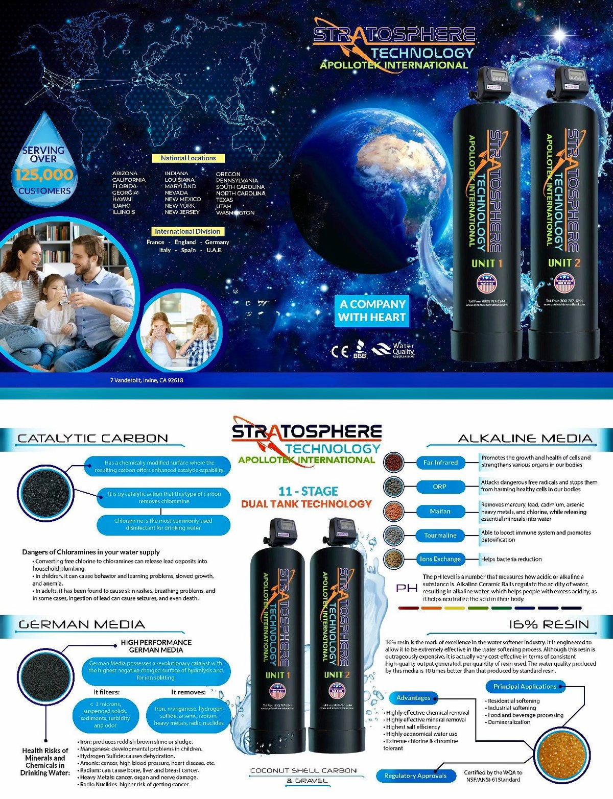 AquaSource Technology water filtration system infographic showing dual filtration units with 11-stage purification technology and global water treatment overview.